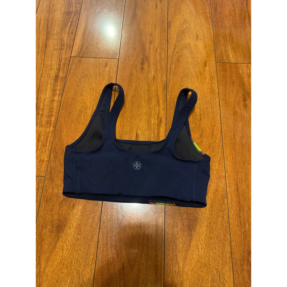 Women's Tory Burch Sports Bra M Navy Blue with Lime Green & Brown Stripes - Picture 3 of 4